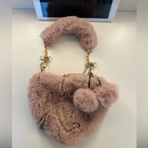 Pink and Gold Faux Fur Shoulder Bag with Pom-Poms